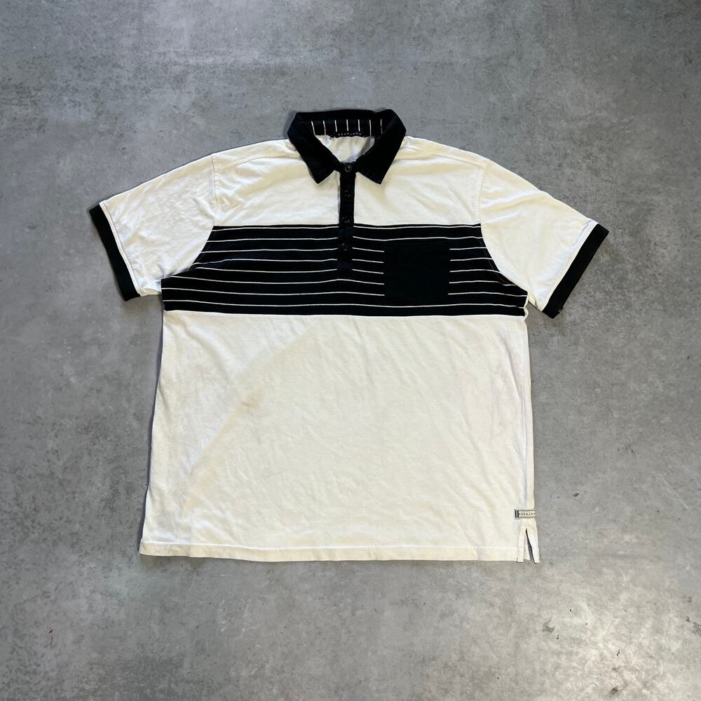 Sean John Men's White & Black Striped Polo Size Large Short Sleeve Shirt Puff